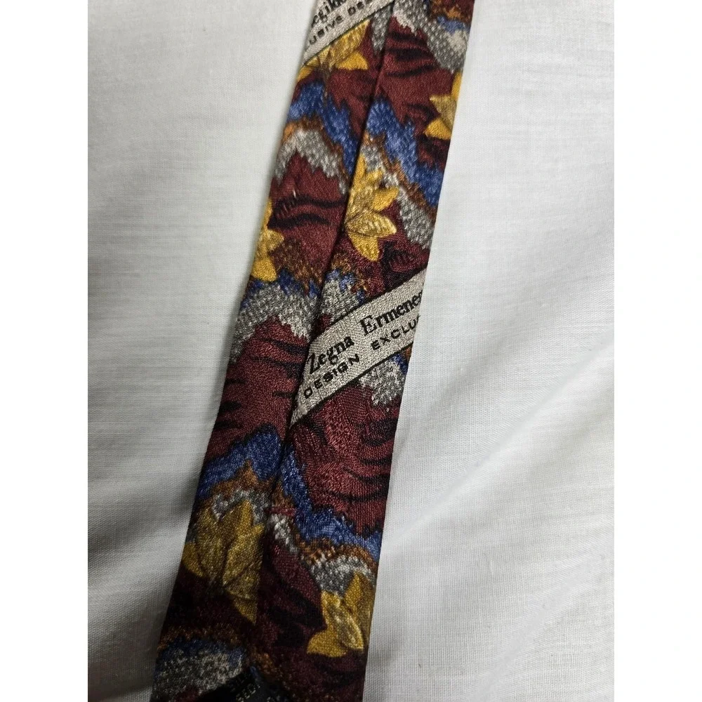 Ermenegildo Zegna Tie Mens One‎ Size Red Gold Silk Floral Zigzag Made Italy